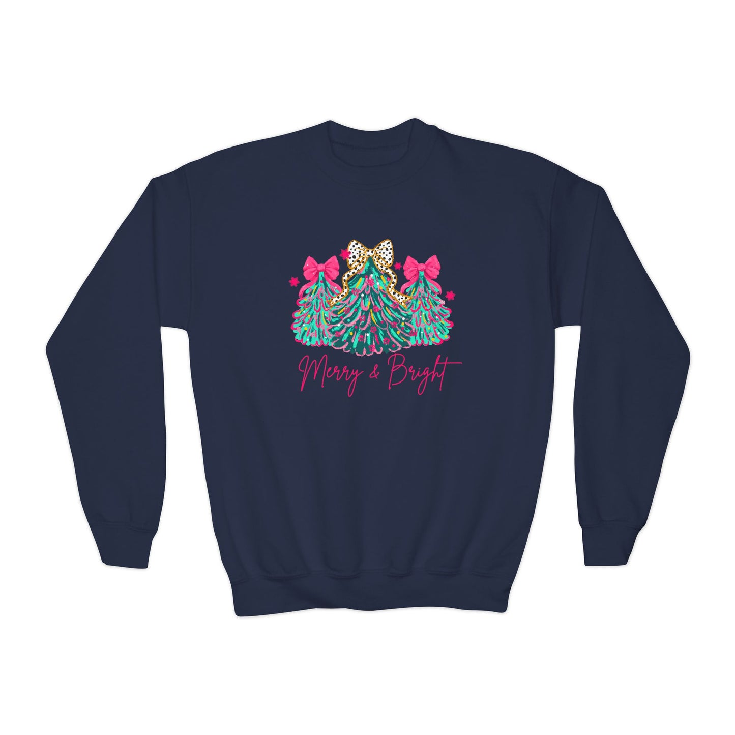 Youth Christmas Sweatshirt Merry & Bright Xmas Tree Sweater Pink Holiday Festive Bow Lights Pullover Cute Jolly Tee Merry Christmas