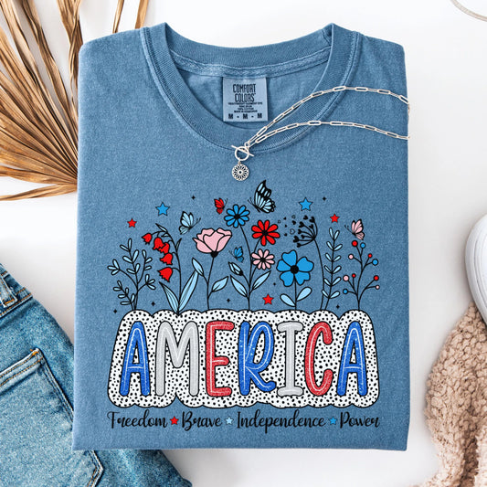 Comfort Colors 4th of July Shirt, USA Shirt, Fourth of July Shirt, Floral America Shirt, Fireworks Flag Tee, Flower USA Shirt