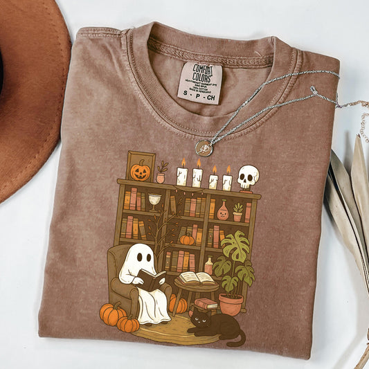 Comfort Colors Halloween Shirt, Fall Shirt, Ghost Reading Shirt, Spooky Teacher Halloween Tee, Library Ghost Shirt, Plant Lady TShirt