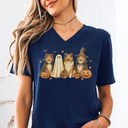 Halloween Rough Collie Dog Bella Canvas V-Neck Tee