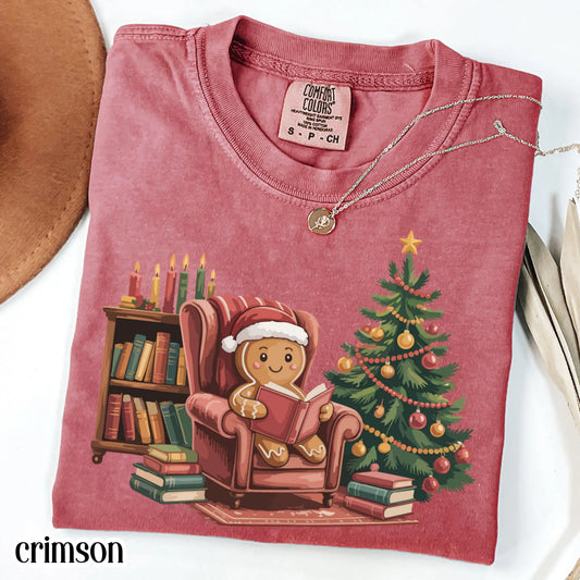 Gingerbread Christmas Comfort Colors Shirt Reading Boook Ginger Bread Cookie Tee Book Lover Xmas Tshirt Retro Holiday Tree Christmas Shirt