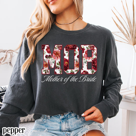Mother of the Bride Shirt Mother of the Groom Shirt Comfort Colors Long Sleeve T-Shirt Floral Wedding Party Tee Custom Wedding Color Outfit