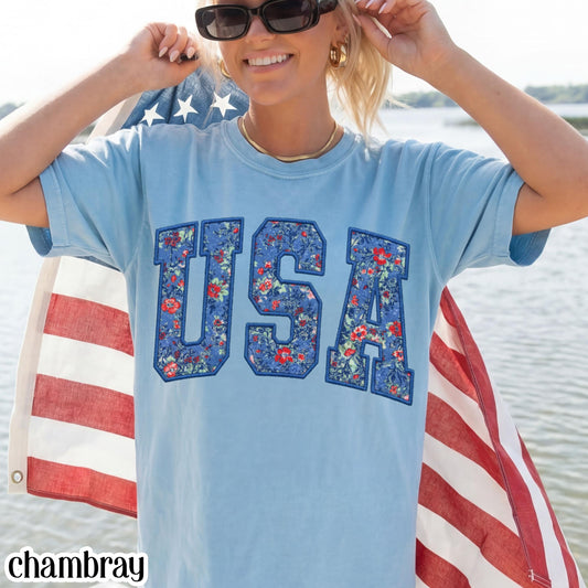 USA Comfort Colors Shirt 4th of July Fourth of July America Anniversary T-Shirt American Floral Faux Patchwork United States Party Outfit