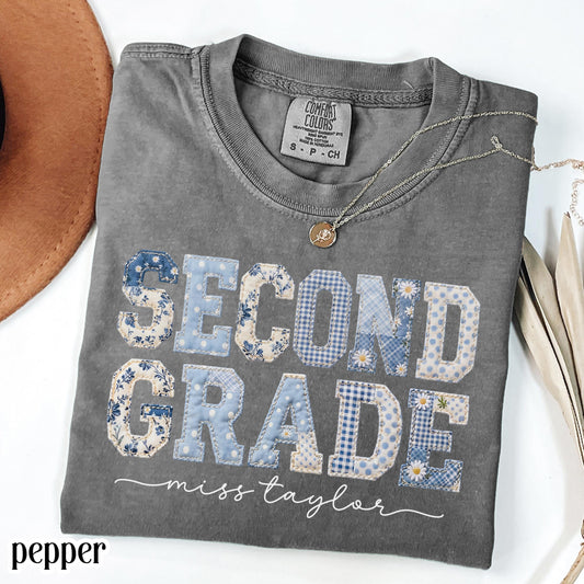 Custom Comfort Colors® Second Grade Teacher Shirt 2nd Grade Matching Group T-Shirt Floral Blue Faux Patchwork Educator Back to School