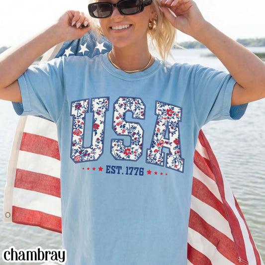 Comfort Colors 4th of July Shirt, USA Shirt, Fourth of July Shirt, American Flag Shirt, American Citizen Shirt, Floral United States Shirt