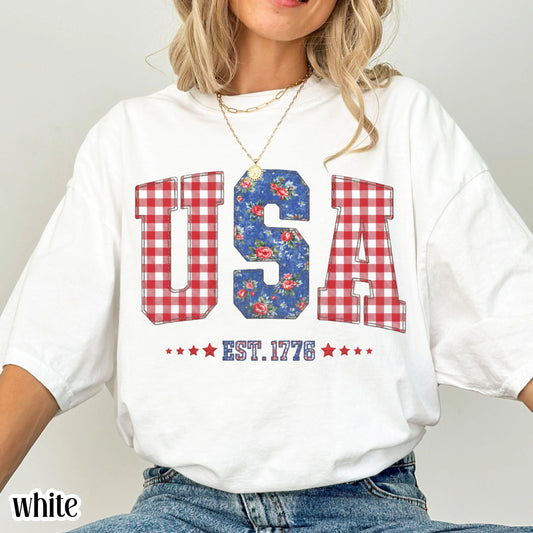 Comfort Colors 4th of July Shirt USA Fourth of July America Anniversary T-Shirt American Floral Faux Patchwork United States Party Outfit