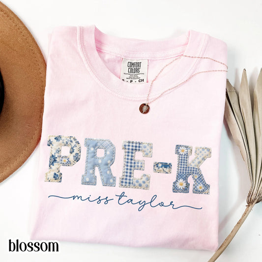 Custom Comfort Colors® Pre-K Teacher Shirt Preschool Grade Matching Group T-Shirt Floral Blue Faux Patchwork Educator Back to School Tee