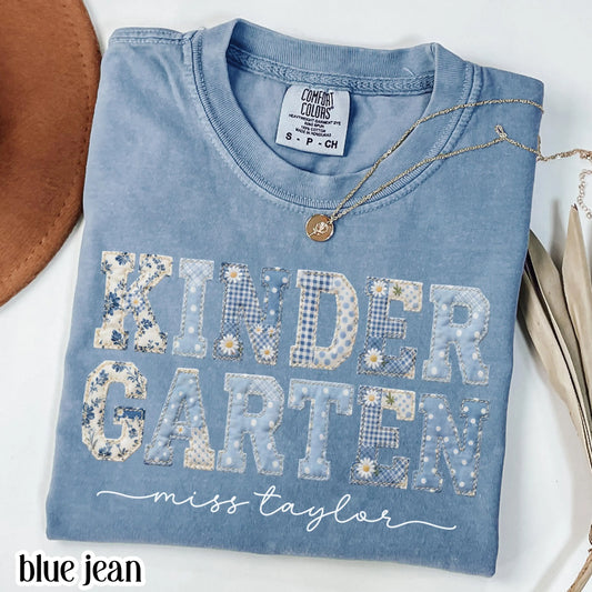 Custom Comfort Colors® Kindergarten Teacher Shirt First Day Kinder Matching Group T-Shirt Floral Blue Faux Patchwork Educator Back to School