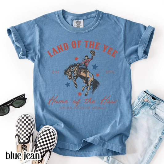Comfort Colors Kids 4th of July Shirt, Youth USA Shirt, Kids Western Shirt, Rodeo Fourth of July Tee, Land of the Yee, Home of The Haw Shirt