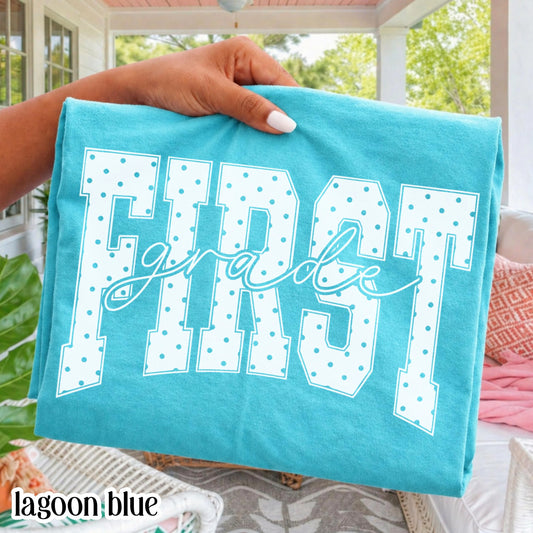 First Grade Comfort Colors® Shirt Blue Polka Dots Teacher Tee Cottagecore Aesthetic 1st Grade TShirt For Back to School Educator T-shirt