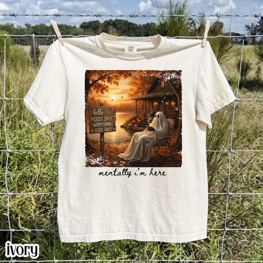 Summerween Ghost Comfort Colors Shirt Mentally I'm Here Cute Fall Tee Cozy Autumn Vibes Pumpkin Season TShirt Trendy Halloween Lover T-Shirt