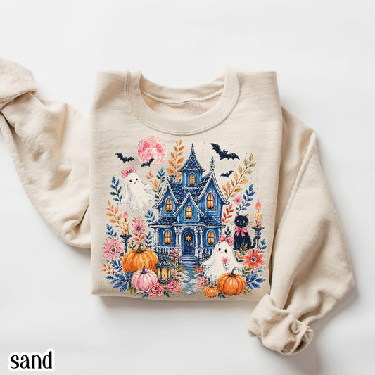 Halloween Haunted House Sweatshirt Spooky Ghost Pumpkin Floral Cottagecore Sweater Blue Brushstroke Pullover Floral Fall Black Cat Crewneck