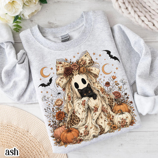 Floral Ghost Lace Pumpkin Leopard Crewneck Sweatshirt
