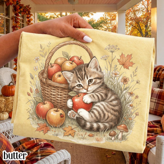 Vintage Fall Kitten & Apples Comfort Colors Tee