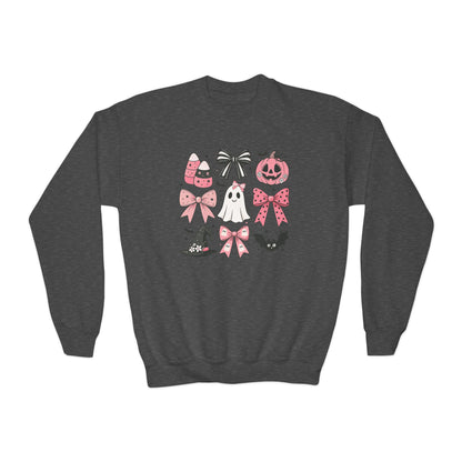 Youth Crewneck SweatshirtHalloween Sweatshirt Pink Bow Coquette Halloween Sweater Pumpkin Ghost Pullover Fall Spooky