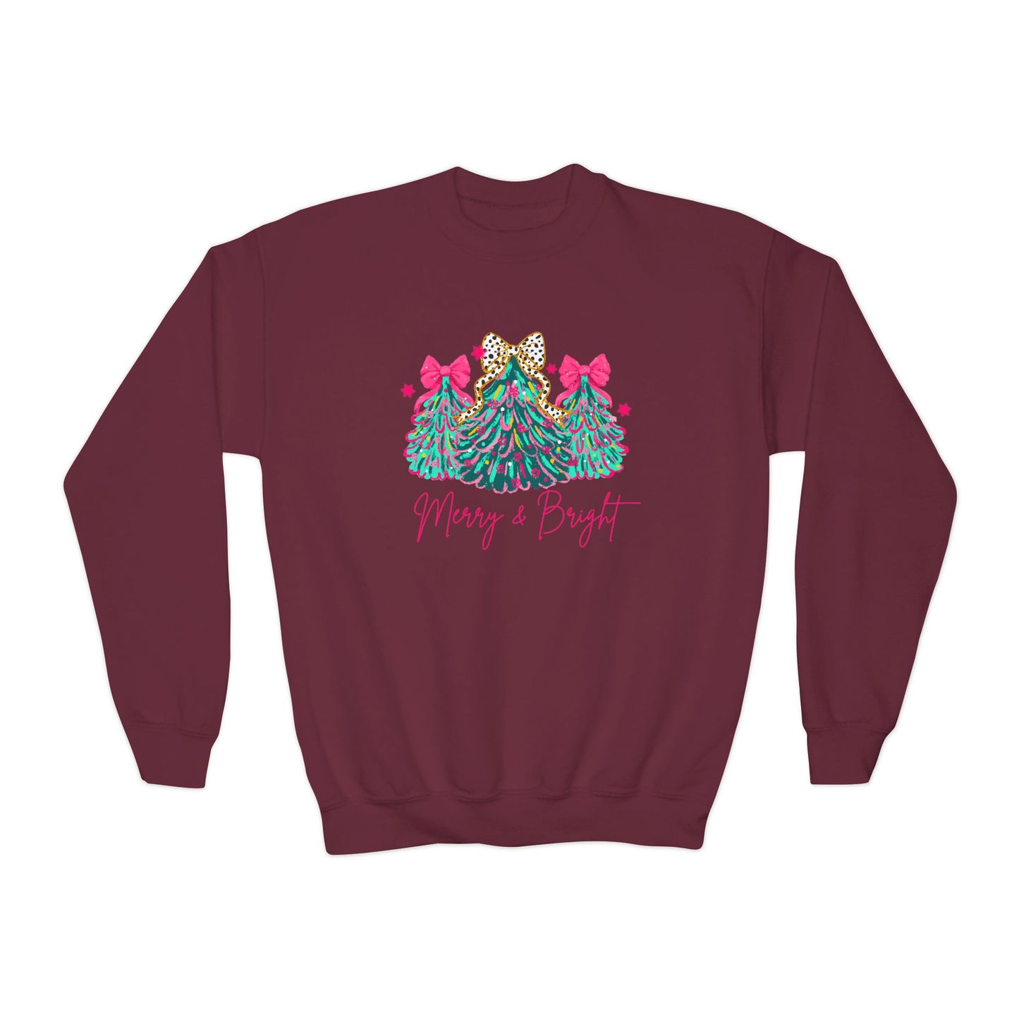 Youth Christmas Sweatshirt Merry & Bright Xmas Tree Sweater Pink Holiday Festive Bow Lights Pullover Cute Jolly Tee Merry Christmas