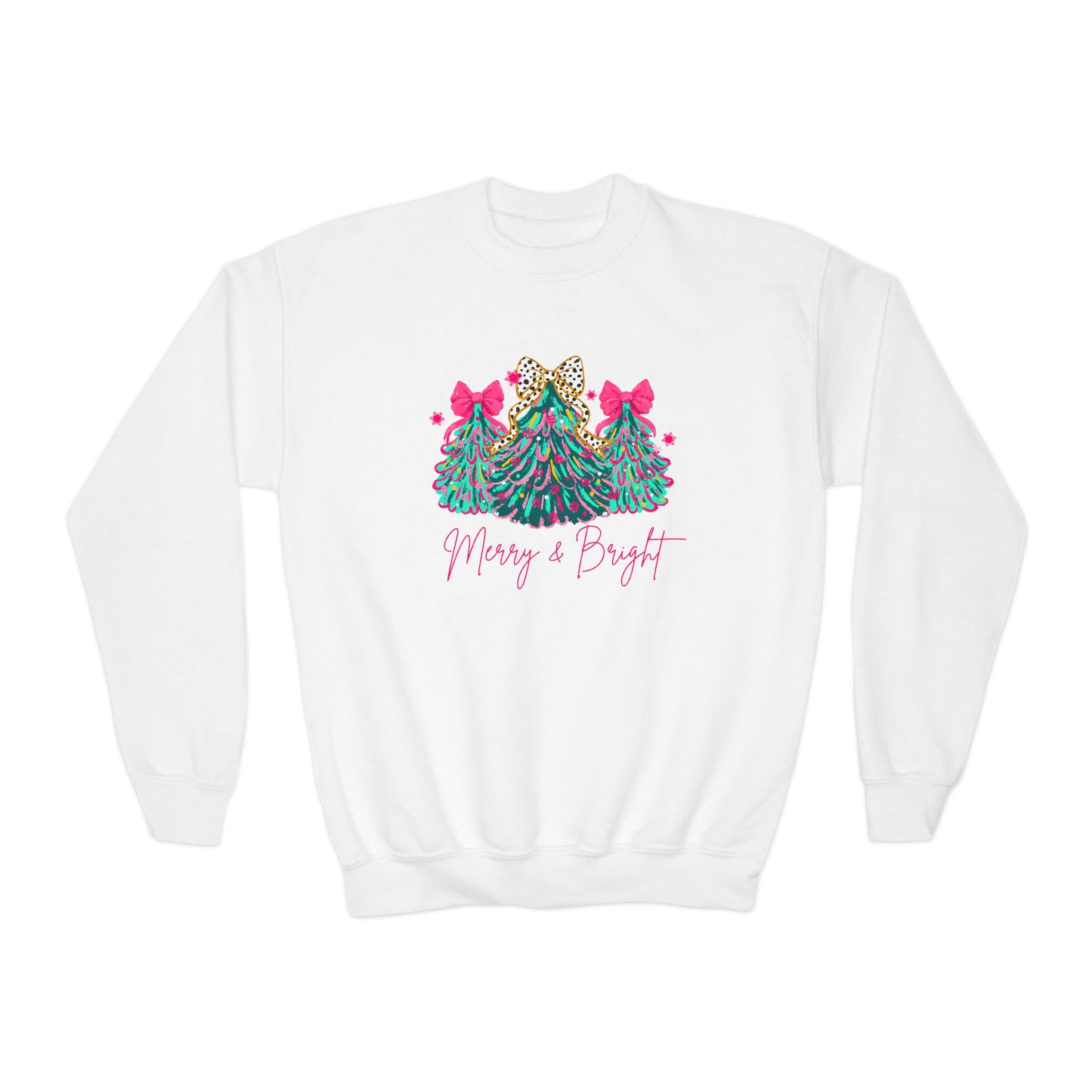 Youth Christmas Sweatshirt Merry & Bright Xmas Tree Sweater Pink Holiday Festive Bow Lights Pullover Cute Jolly Tee Merry Christmas