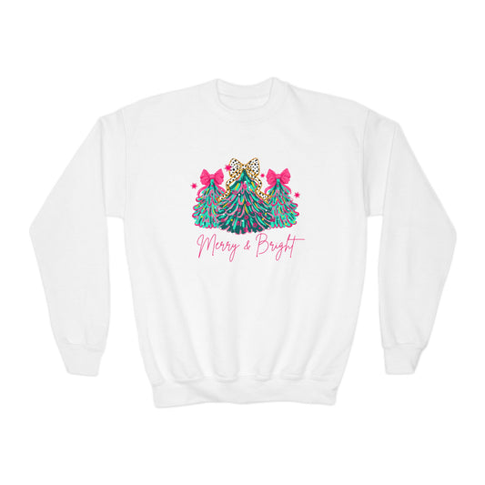 Youth Christmas Sweatshirt Merry & Bright Xmas Tree Sweater Pink Holiday Festive Bow Lights Pullover Cute Jolly Tee Merry Christmas