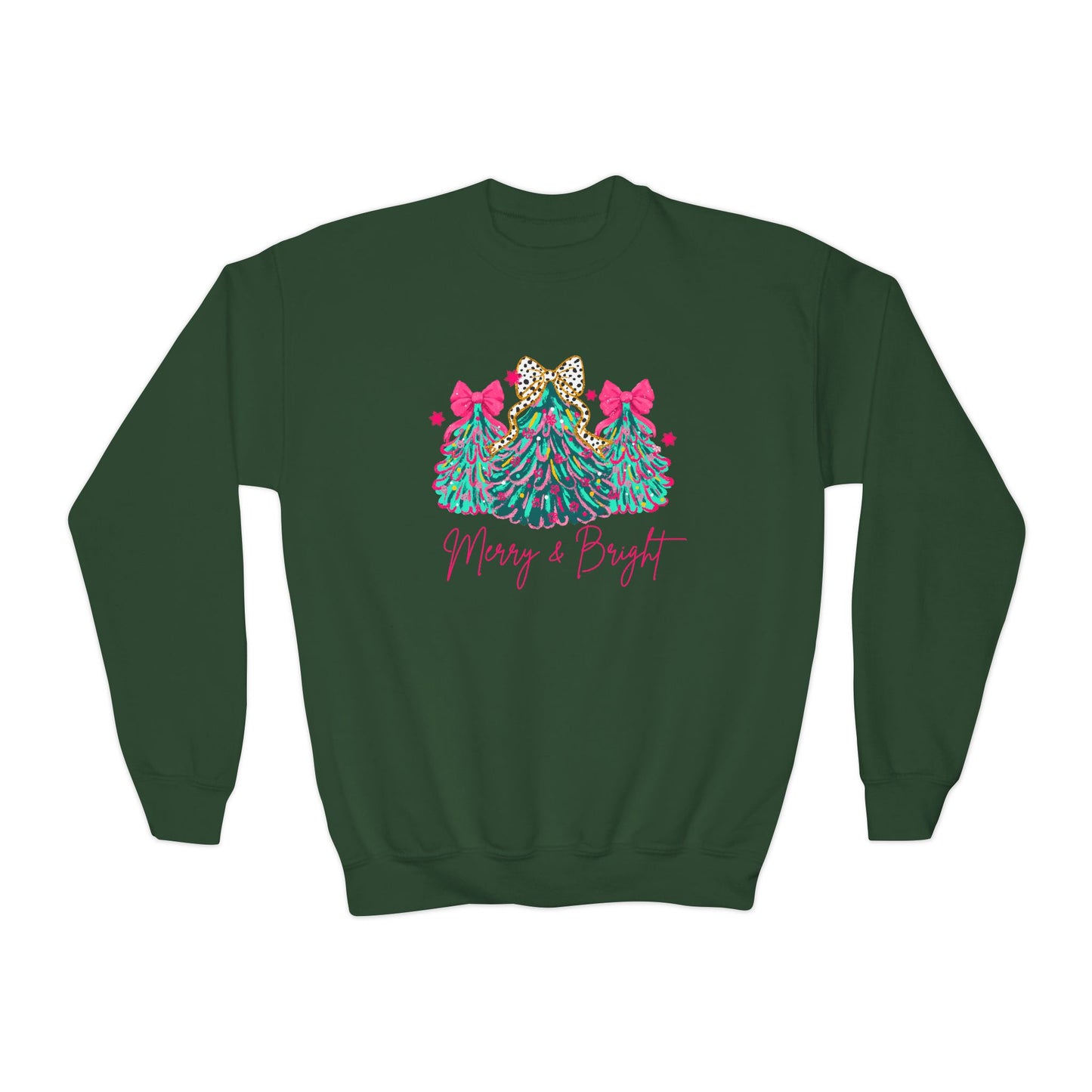 Youth Christmas Sweatshirt Merry & Bright Xmas Tree Sweater Pink Holiday Festive Bow Lights Pullover Cute Jolly Tee Merry Christmas