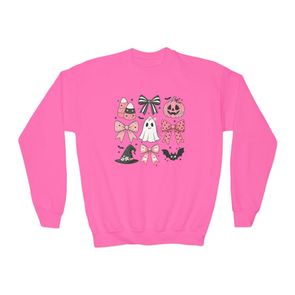 Youth Crewneck SweatshirtHalloween Sweatshirt Pink Bow Coquette Halloween Sweater Pumpkin Ghost Pullover Fall Spooky