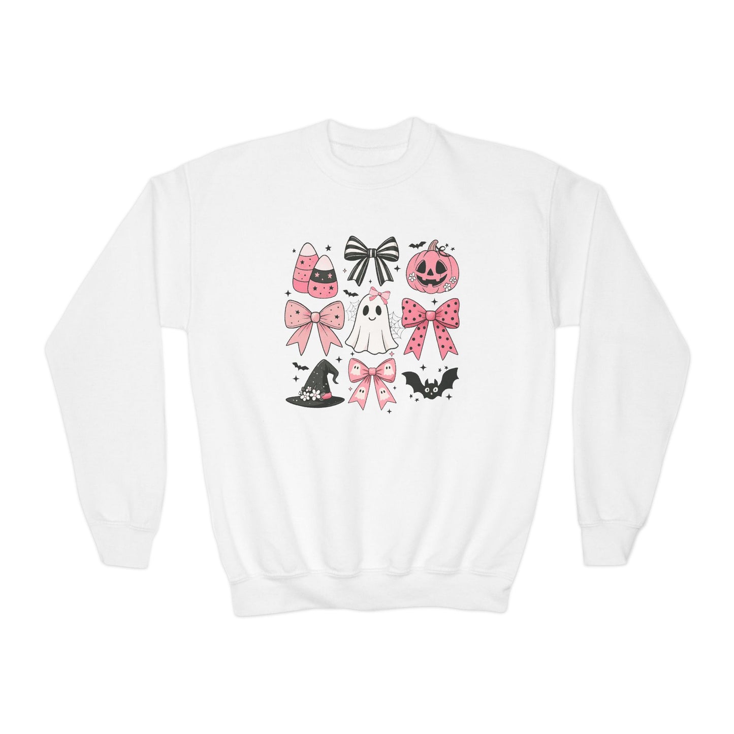 Youth Crewneck SweatshirtHalloween Sweatshirt Pink Bow Coquette Halloween Sweater Pumpkin Ghost Pullover Fall Spooky