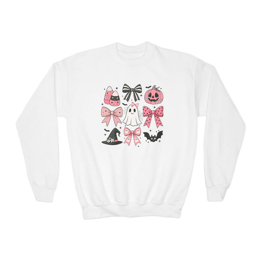 Youth Crewneck SweatshirtHalloween Sweatshirt Pink Bow Coquette Halloween Sweater Pumpkin Ghost Pullover Fall Spooky
