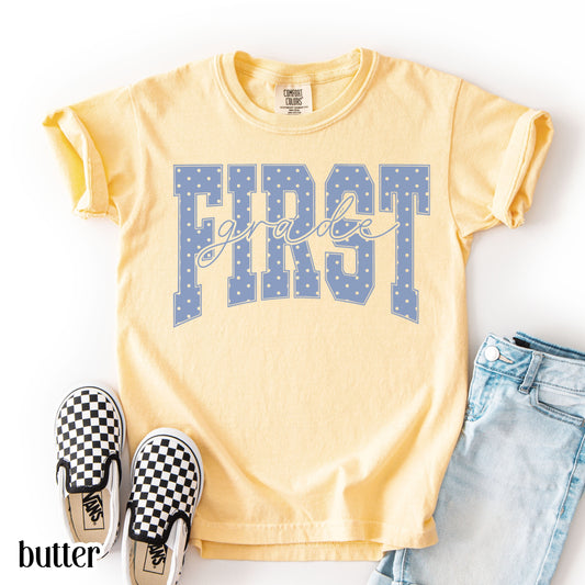 First Grade Comfort Colors® Youth Shirt Blue Polka Dots Tee Cottagecore Aesthetic Kids 1st Grader TShirt For Back to School T-shirt