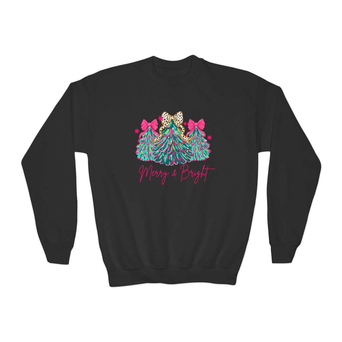 Youth Christmas Sweatshirt Merry & Bright Xmas Tree Sweater Pink Holiday Festive Bow Lights Pullover Cute Jolly Tee Merry Christmas