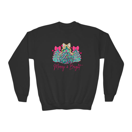 Youth Christmas Sweatshirt Merry & Bright Xmas Tree Sweater Pink Holiday Festive Bow Lights Pullover Cute Jolly Tee Merry Christmas