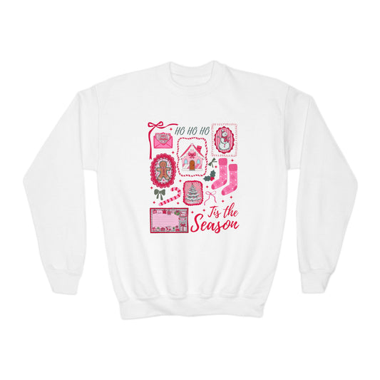 Youth Pink Christmas Sweatshirt Tis The Season Xmas Sweater Cute Girly Holiday Womens Pullover Candy Cane Bow Santa Tee Winter Crewneck