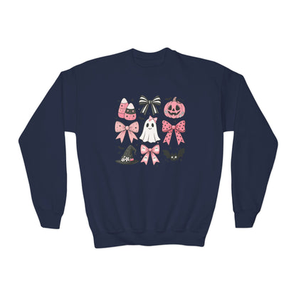 Youth Crewneck SweatshirtHalloween Sweatshirt Pink Bow Coquette Halloween Sweater Pumpkin Ghost Pullover Fall Spooky
