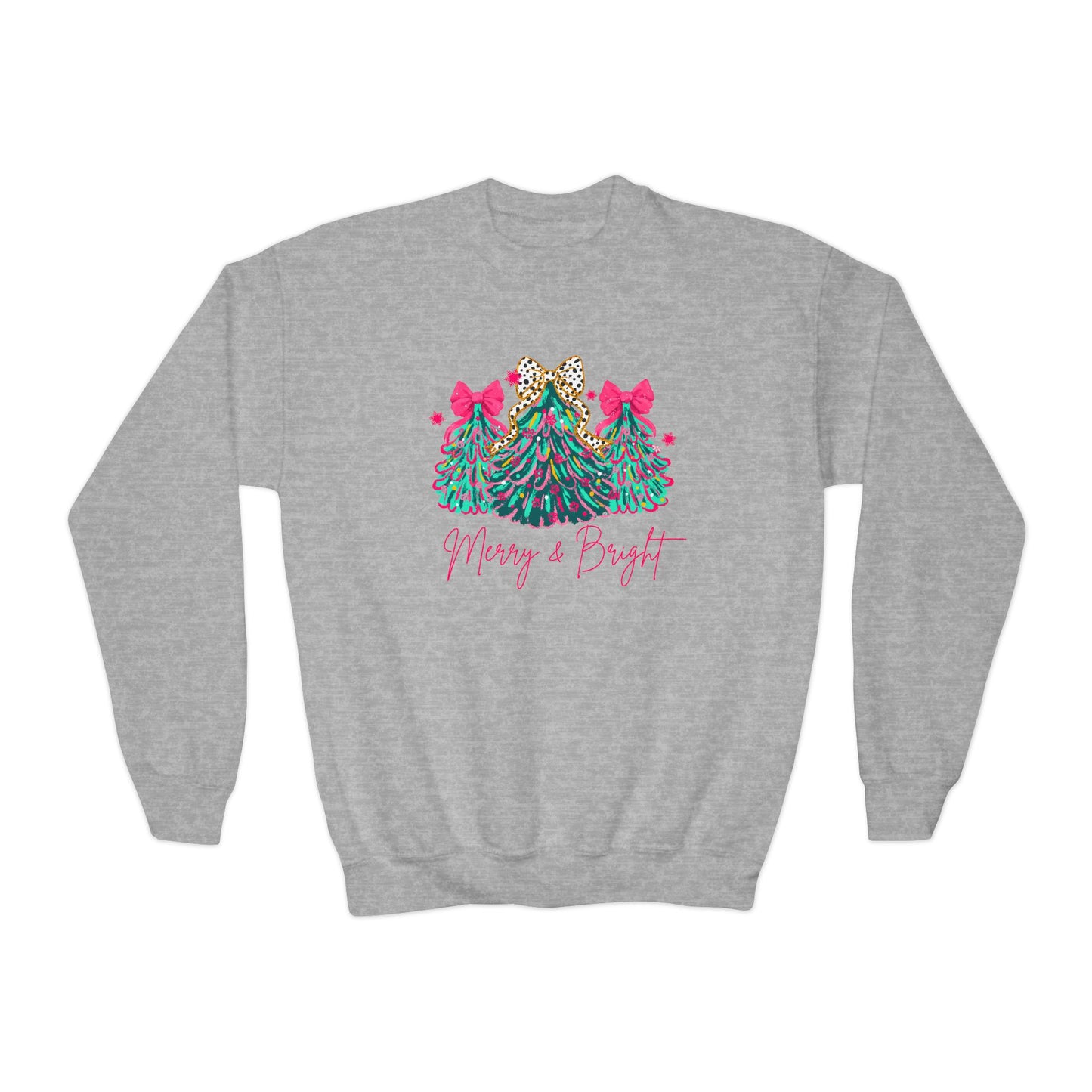 Youth Christmas Sweatshirt Merry & Bright Xmas Tree Sweater Pink Holiday Festive Bow Lights Pullover Cute Jolly Tee Merry Christmas