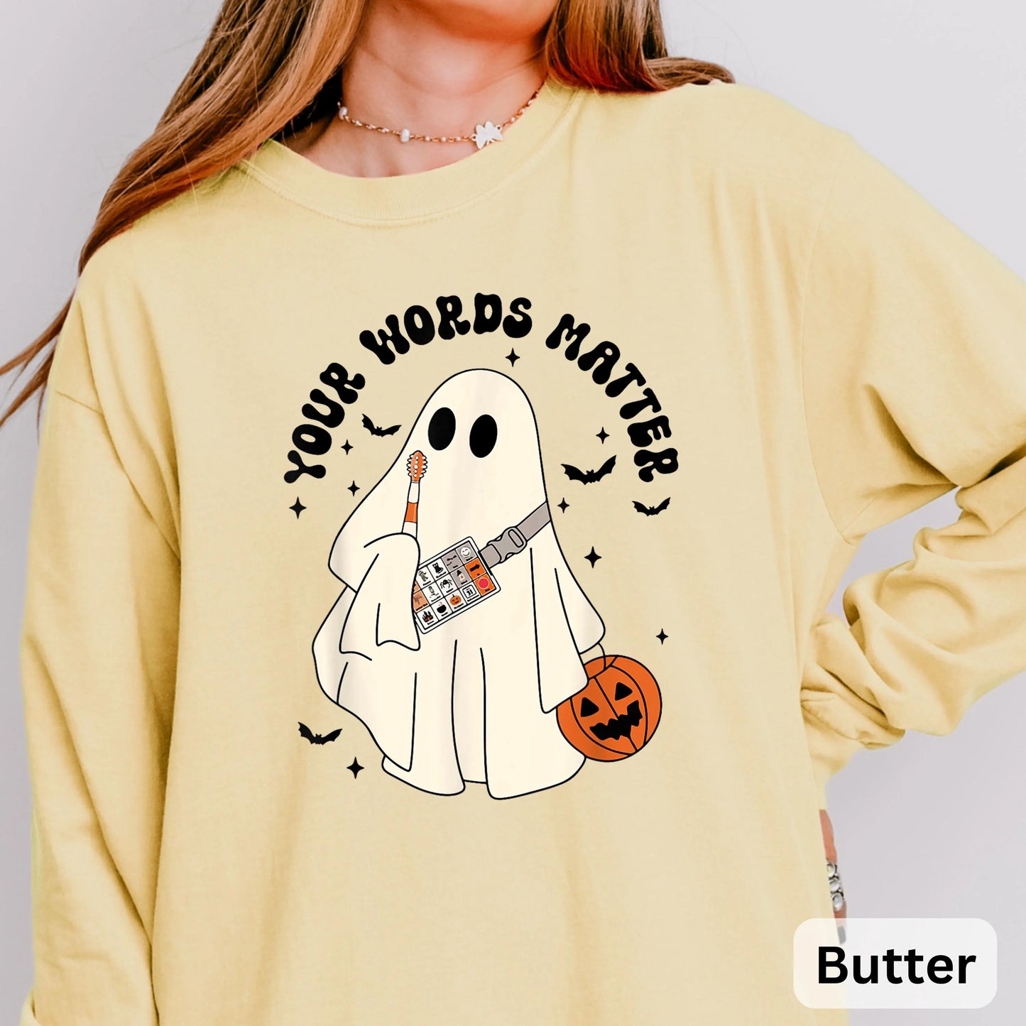 Retro Ghost Your Words Matter Long Sleeve, Speech Therapist Ghost Halloween, Halloween Speech Shirt, Halloween Boo Shirt, Teacher Gift