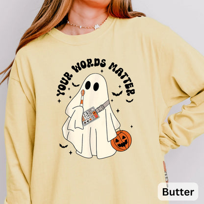 Retro Ghost Your Words Matter Long Sleeve, Speech Therapist Ghost Halloween, Halloween Speech Shirt, Halloween Boo Shirt, Teacher Gift