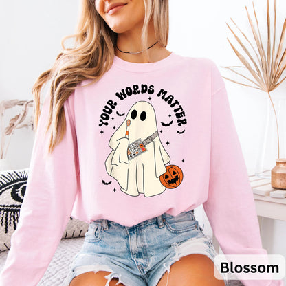 Retro Ghost Your Words Matter Long Sleeve, Speech Therapist Ghost Halloween, Halloween Speech Shirt, Halloween Boo Shirt, Teacher Gift