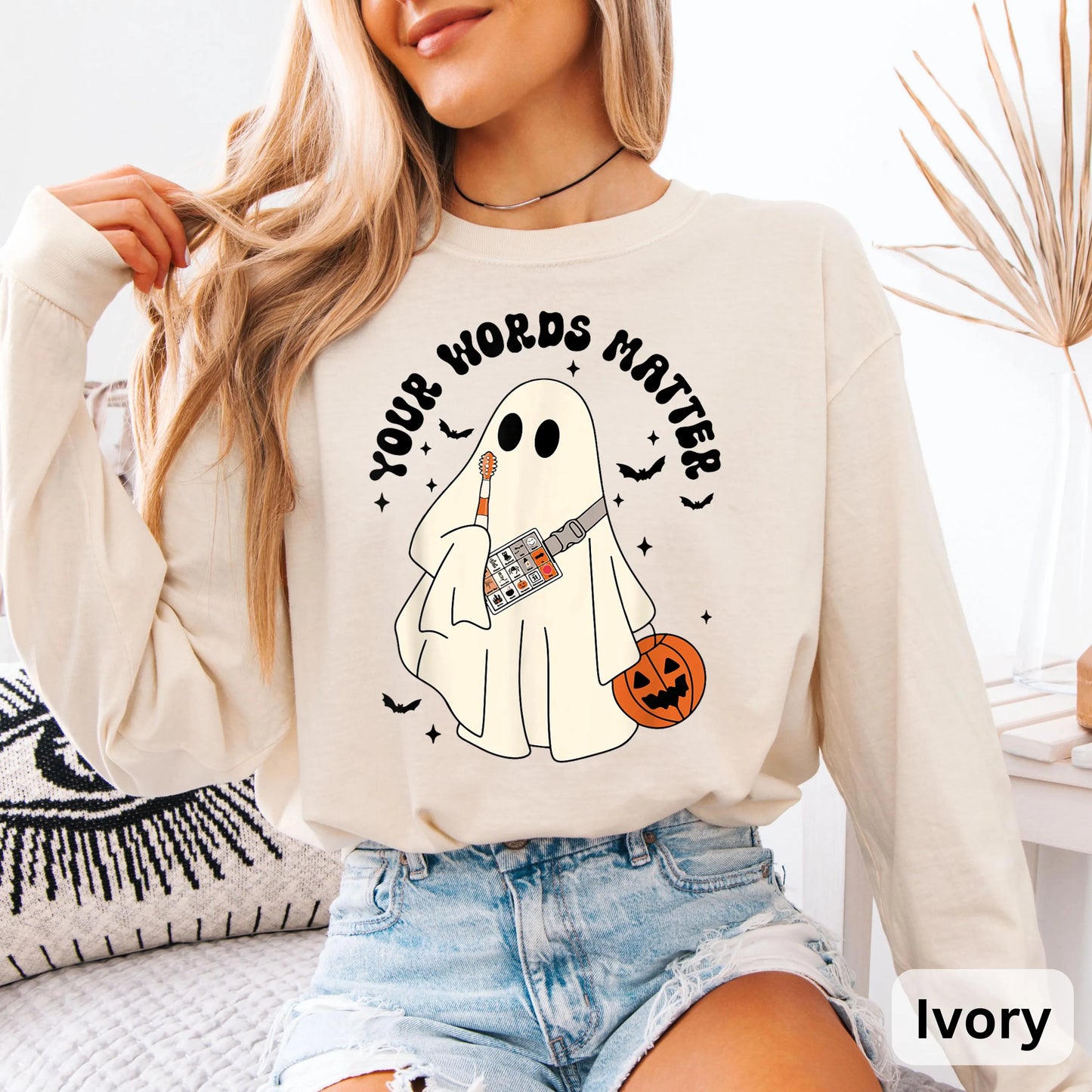 Retro Ghost Your Words Matter Long Sleeve, Speech Therapist Ghost Halloween, Halloween Speech Shirt, Halloween Boo Shirt, Teacher Gift