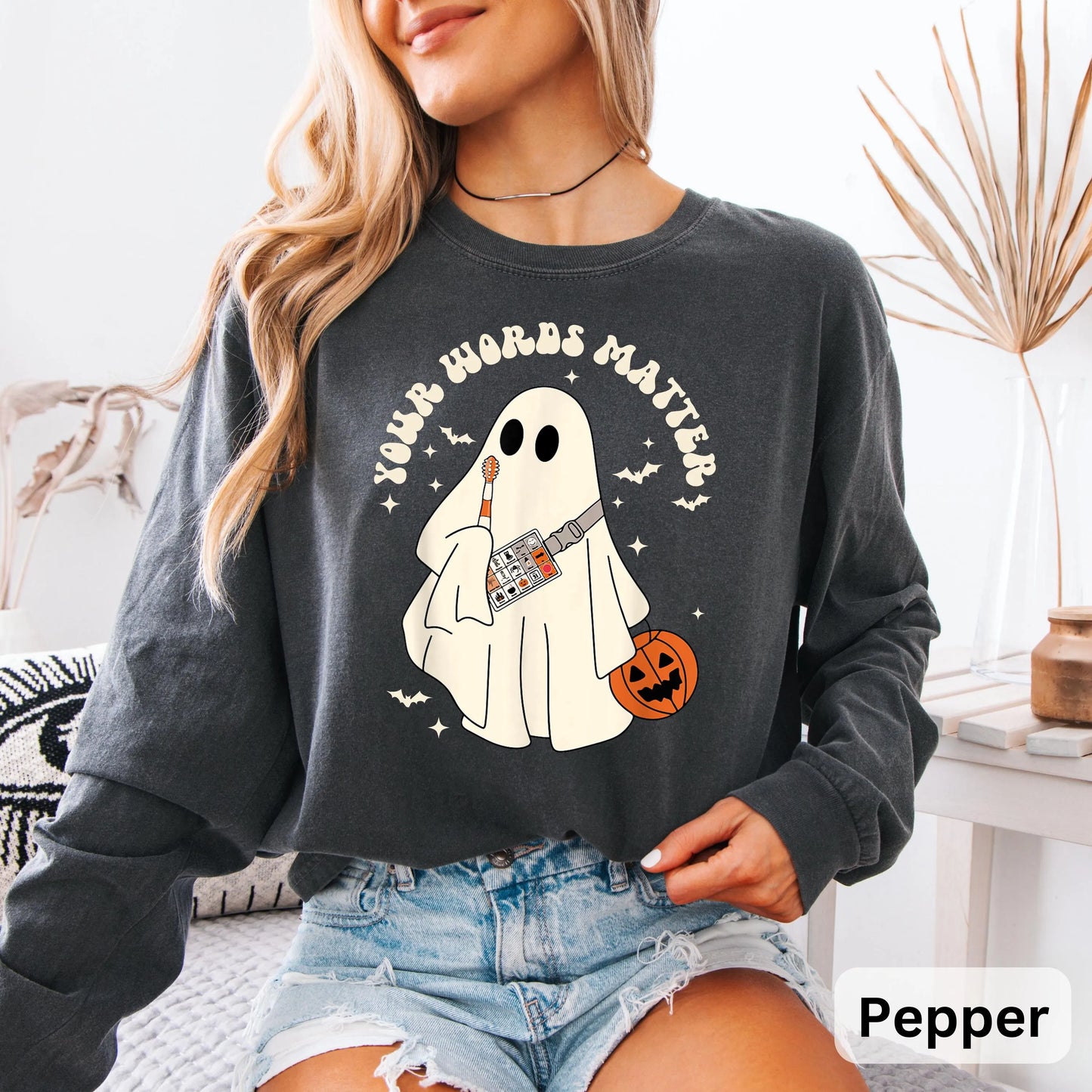 Retro Ghost Your Words Matter Long Sleeve, Speech Therapist Ghost Halloween, Halloween Speech Shirt, Halloween Boo Shirt, Teacher Gift