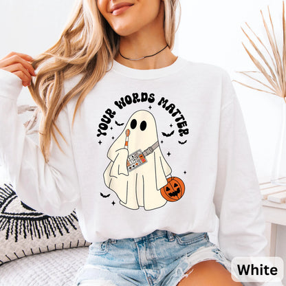 Retro Ghost Your Words Matter Long Sleeve, Speech Therapist Ghost Halloween, Halloween Speech Shirt, Halloween Boo Shirt, Teacher Gift