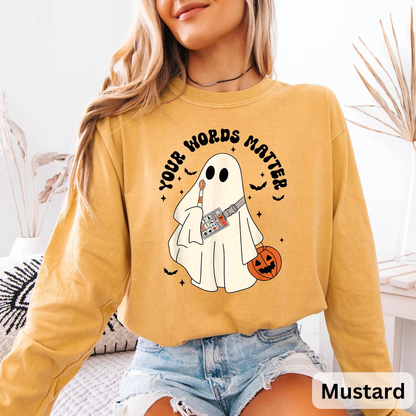 Retro Ghost Your Words Matter Long Sleeve, Speech Therapist Ghost Halloween, Halloween Speech Shirt, Halloween Boo Shirt, Teacher Gift