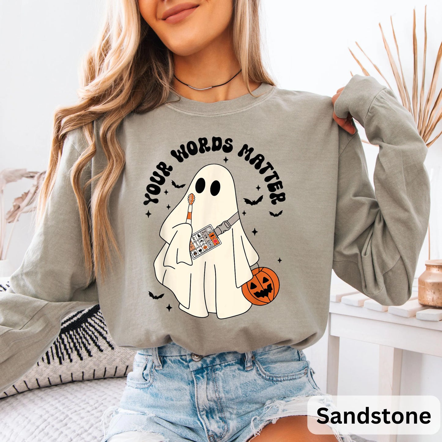 Retro Ghost Your Words Matter Long Sleeve, Speech Therapist Ghost Halloween, Halloween Speech Shirt, Halloween Boo Shirt, Teacher Gift