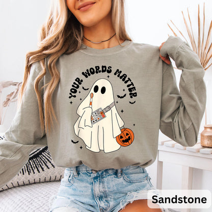Retro Ghost Your Words Matter Long Sleeve, Speech Therapist Ghost Halloween, Halloween Speech Shirt, Halloween Boo Shirt, Teacher Gift