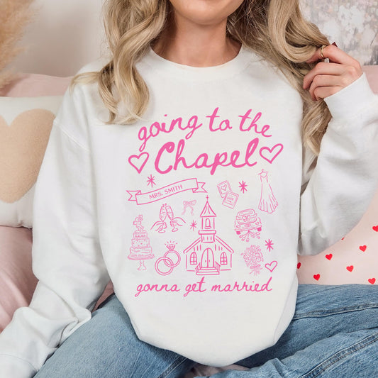 Personalized Going to the Chapel Gonna Get Married Sweater, Bachelorette Sweater, Doodle Coquette Wedding Bride Sweater, Bow Sweater