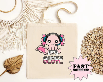 Gamer Axolotl Tote Bag, Gamer Gift, Axolotl Birthday Gift, Gift For Gamer, Axolotl Lover Gift, Cute Tote Bag, Gift For Gamer Kid