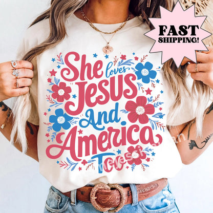 Comfort Colors 4th of July Shirt, USA Shirt, Fourth of July Shirt, She Loves Jesus and America Too Shirt, Christian Shirt, God Bless America