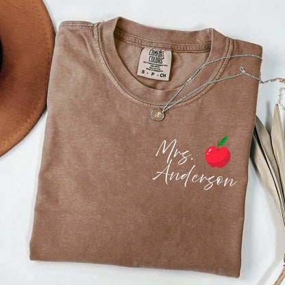 Comfort Colors Teacher Shirt, Kindergarten Teacher Last Name Shirt, Custom Back To School  Teacher T-Shirt, Personalized Apple Teacher Gift
