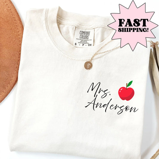Comfort Colors Teacher Shirt, Kindergarten Teacher Last Name Shirt, Custom Back To School  Teacher T-Shirt, Personalized Apple Teacher Gift