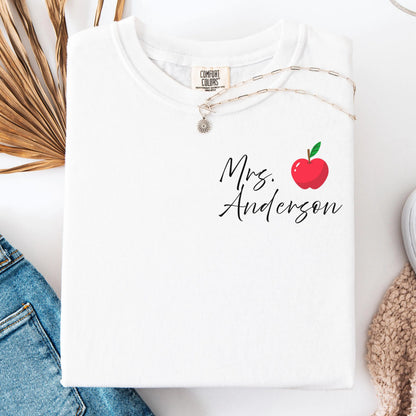 Comfort Colors Teacher Shirt, Kindergarten Teacher Last Name Shirt, Custom Back To School  Teacher T-Shirt, Personalized Apple Teacher Gift