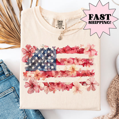 Comfort Colors 4th of July Shirt, USA Shirt, Fourth of July Shirt, American Flag Shirt, Classic USA Shirt, Floral Flag Tee, Independence Day