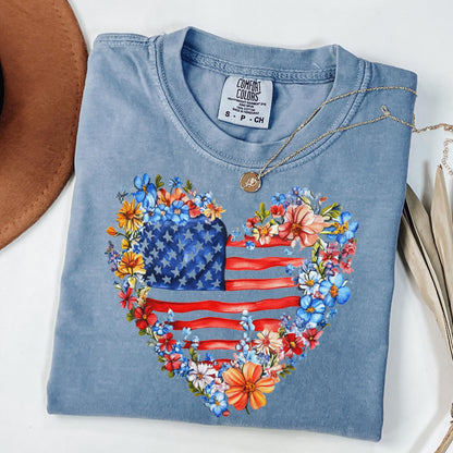 Comfort Colors 4th of July Shirt, USA Shirt, Fourth of July Shirt, American Flag Shirt, Classic USA Shirt, Floral Heart Shirt, Floral Flag