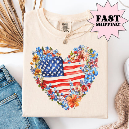 Comfort Colors 4th of July Shirt, USA Shirt, Fourth of July Shirt, American Flag Shirt, Classic USA Shirt, Floral Heart Shirt, Floral Flag